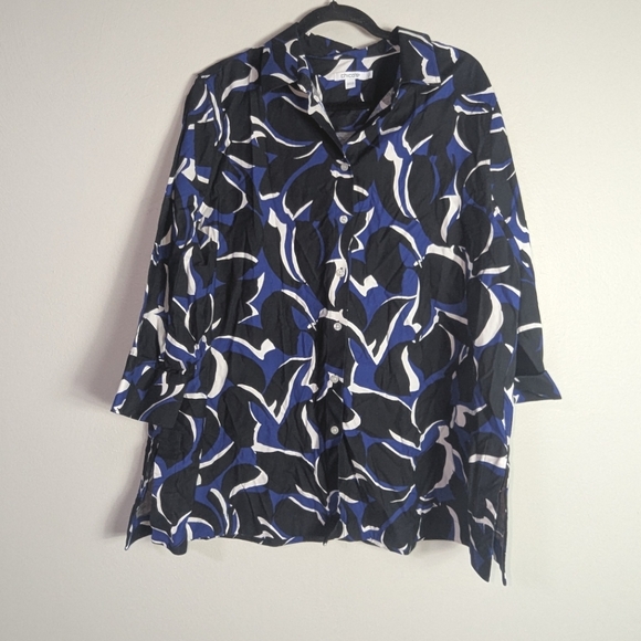 16 Chico's Black Blue White Print Button Front Tunic Top - Picture 2 of 5